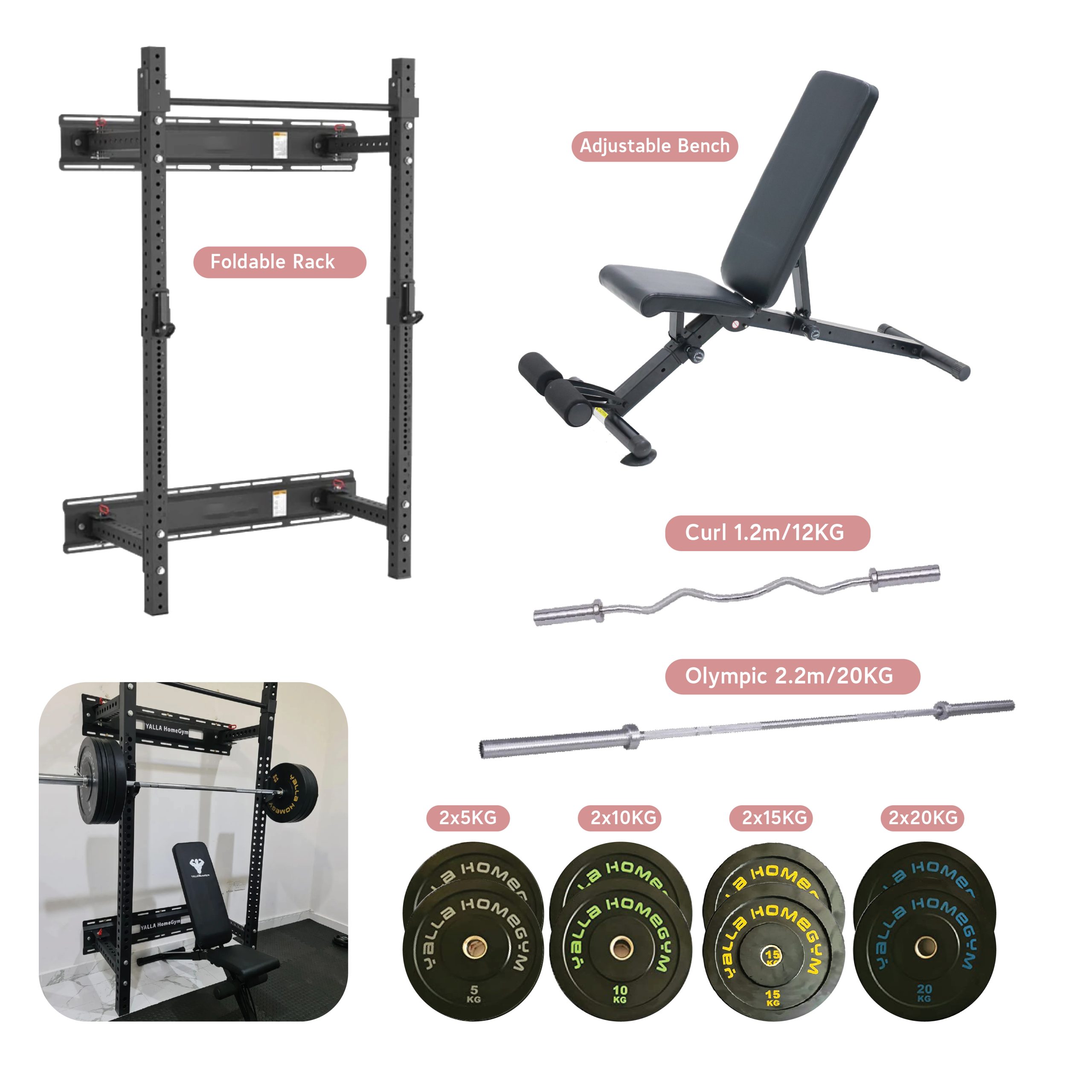 squat-tack-listing-scaled-1.jpg YALLA HomeGym Squat Rack, Bench, Barbell & Weight Plates, Powerlifter Pro Bundle - Image 1